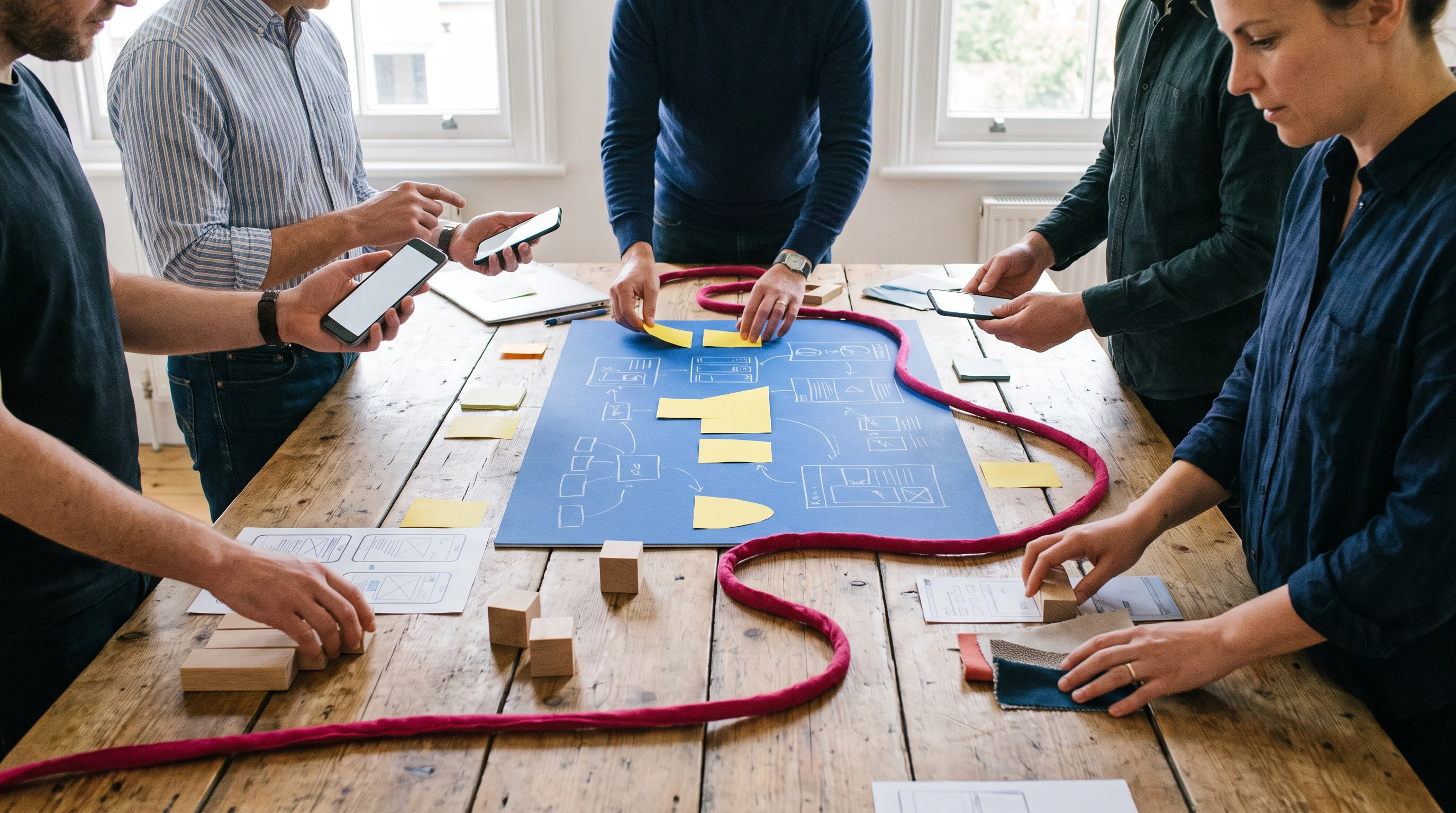 Team sorting paper interface pieces on a table