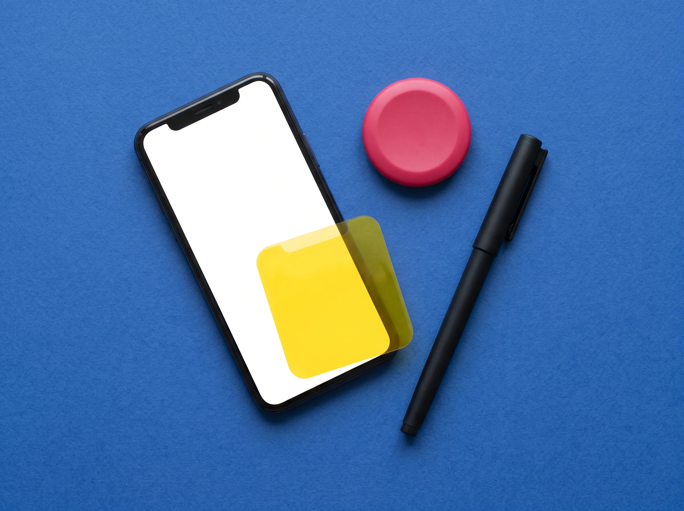 Phone, card and colored objects arranged on a blue work surface