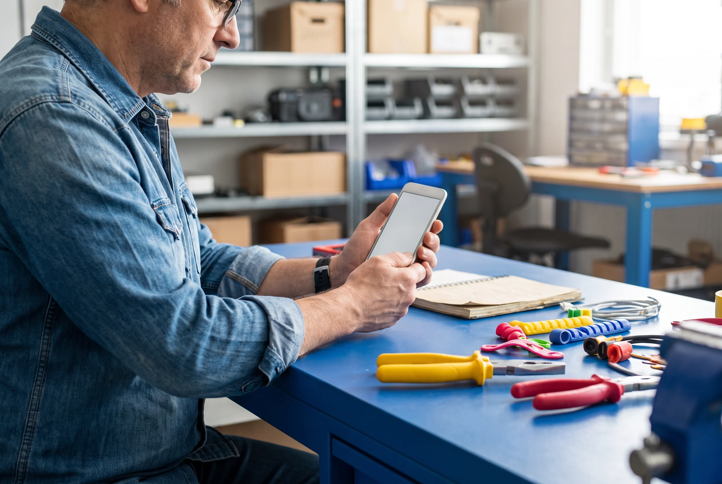 Maker holding a phone prototype in a workshop
