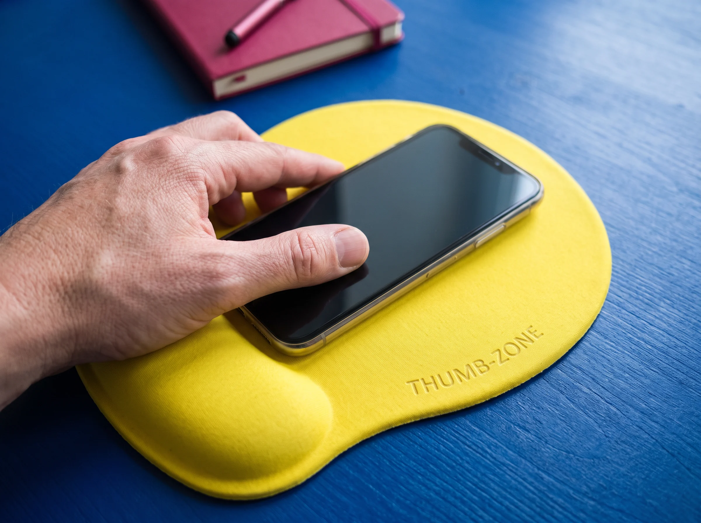 A hand holding a phone on a yellow thumb test pad