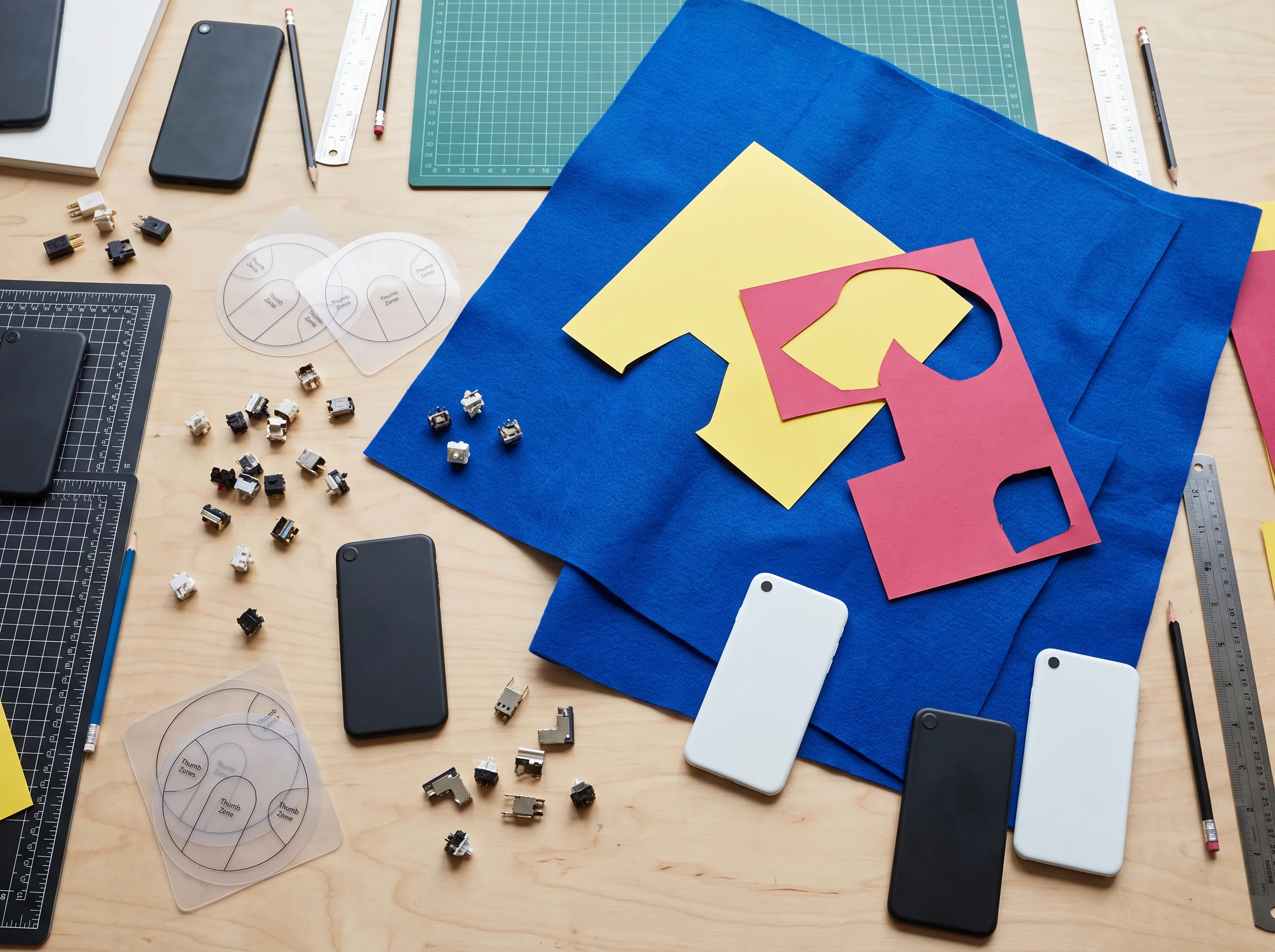 Exploded selection of handset parts and colored materials on a workshop table